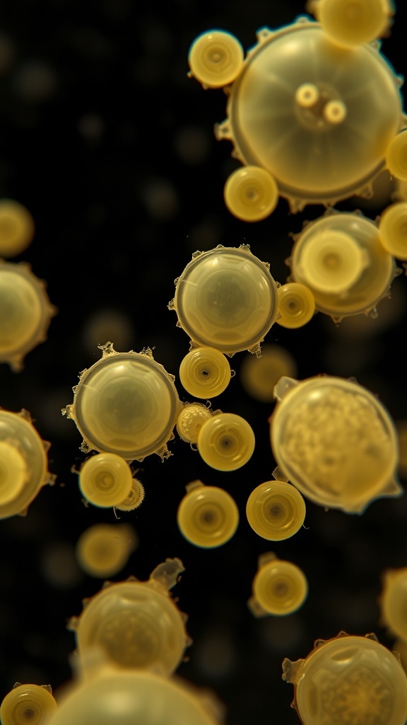 Microscopic view of yeast microorganisms, displaying their cellular structures and budding process.